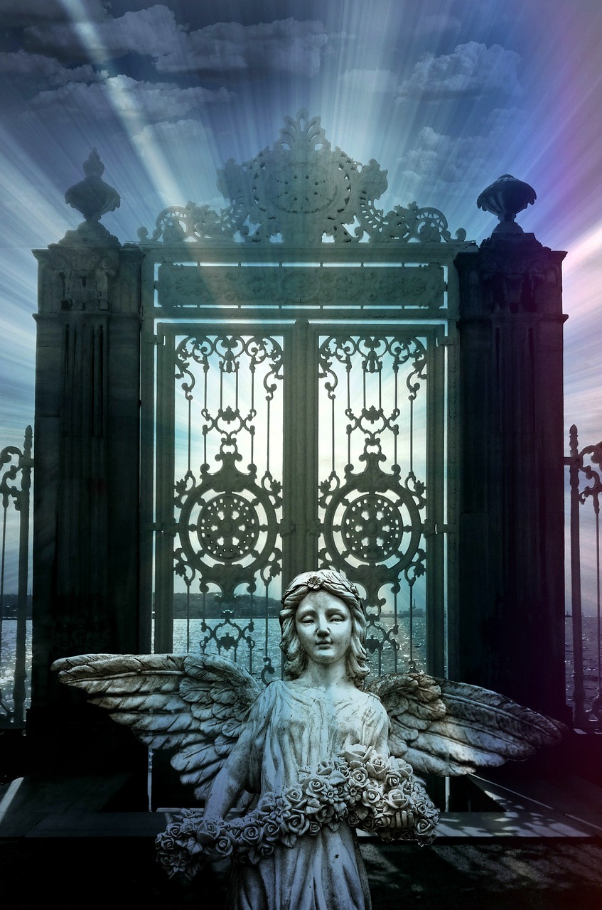 angel, gate, gate of heaven, figure, light rays, sunbeams, heaven, graveyard, faith, angel figure, sculpture, hope, quiet, statue, stone figure, mystical, entrance, resurrection, christianity, enlightenment, lighting mood, wrought iron, peaceful, pray, heavenly, dream, mysticism, esoteric, symbol, angel, angel, angel, gate, gate, gate, gate, heaven, heaven, heaven, heaven, heaven, graveyard, statue, statue, resurrection, resurrection, wrought iron, wrought iron, esoteric