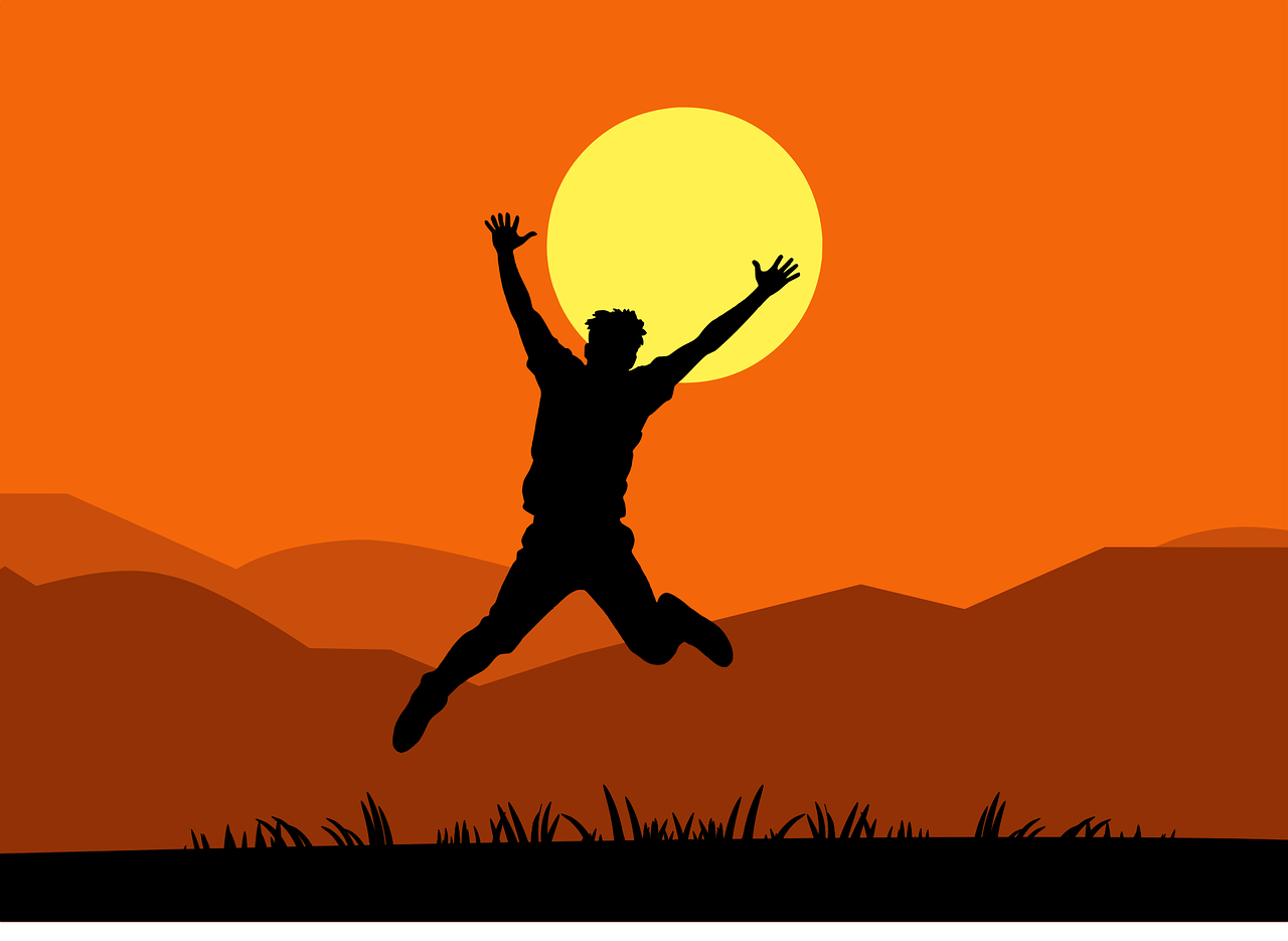 joy, excitement, silhouette, sunset, excited, jumping, celebration, freedom, nature, grass, orange tones, mountains, energy, positive emotion, man, happy, success