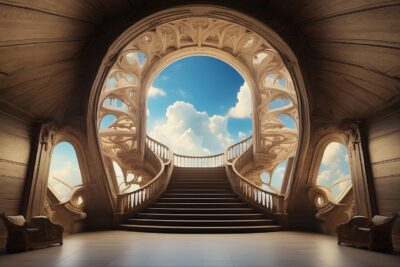 ai generated, stairs, heaven, clouds, nature, sunset, cloudscape, cloudy, horizon, sunlight, daylight