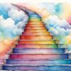 ai generated, stairs, gate, heaven, rise, faith, religion, morality, transcendence, eternity, happiness, staircase, rainbow, watercolor, nature, painting
