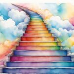 ai generated, stairs, gate, heaven, rise, faith, religion, morality, transcendence, eternity, happiness, staircase, rainbow, watercolor, nature, painting