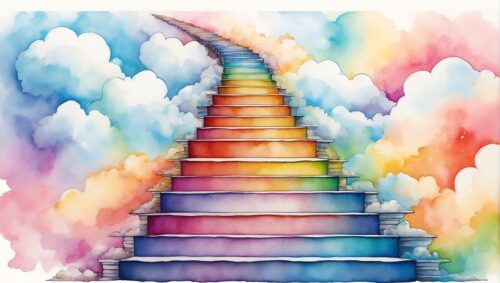 ai generated, stairs, gate, heaven, rise, faith, religion, morality, transcendence, eternity, happiness, staircase, rainbow, watercolor, nature, painting