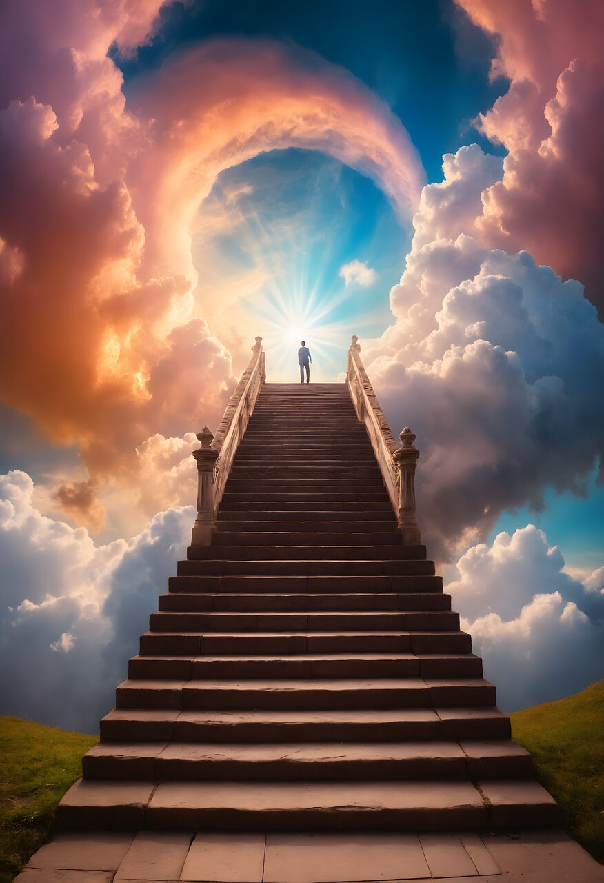 ai generated, ladder, dream, heaven, ascension, nature, architecture, clouds, steps, light, darling, god