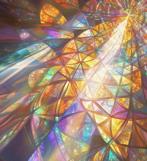 ai generated, spiritual, mystic, meditation, source, light, beams, stained glass, temple, window, nature, glow, magical, prayer, enlightenment, rainbow, sacred, confidence, knowledge, spiritual guidance
