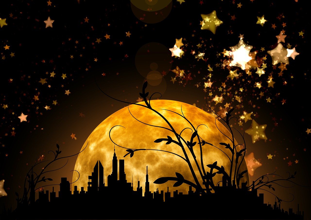 night, stars, heaven, silhouettes, city, houses, be amazed, light, wonder, space, moon, moonlight, seem, seem to be, full moon, romance, mystical, wonder, wonder, wonder, wonder, wonder, moon, moon, moonlight, full moon