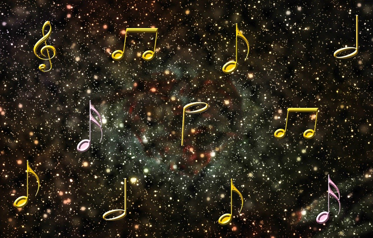 grades, music, clef, musical note, background, sounds, melody, universe, stars, galaxy, space, bright, starry sky, gold, greeting card, music, music, music, music, music