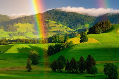 rainbow, hills, trees, grasslands, green grass, fields, meadows, landscape, nature, rural, countryside, rainbow, rainbow, rainbow, rainbow, rainbow