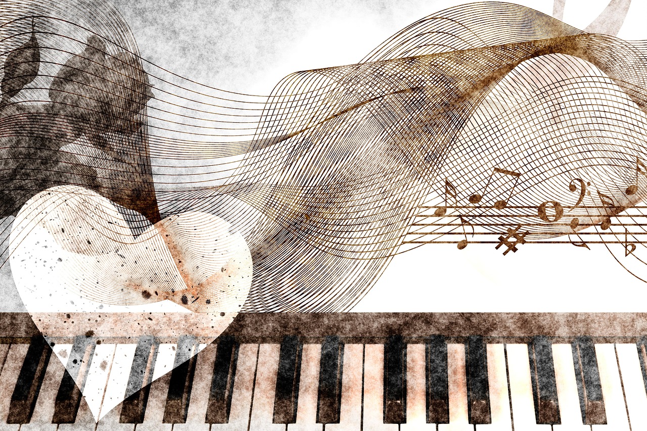 music, grades, scrapbooking, clef, heart, rose, keyboard, notenblatt, volume, staves, lines, piece of music, background, watercolor, multicoloured, artistic, texture, background image, design, grungy, splashes of color, art, abstract, vintage