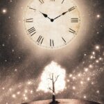 clock, time, nature, night, glow, tree, magic, reflection, stars, light
