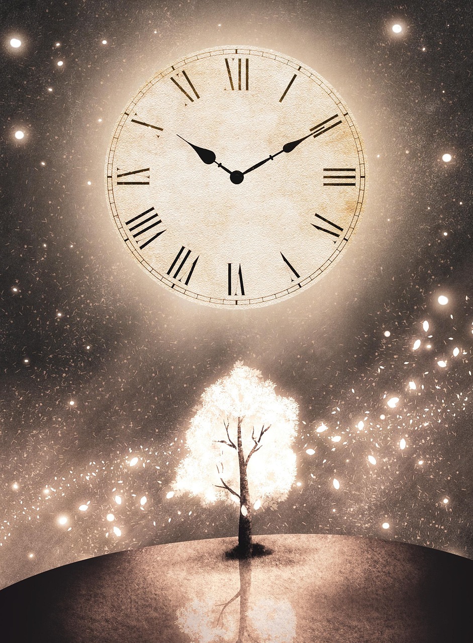clock, time, nature, night, glow, tree, magic, reflection, stars, light
