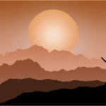 mountains, man, silhouette, drawing, sunset, dawn, success, nature, victory, sun, mountain ridges, valleys, hiking, landscape