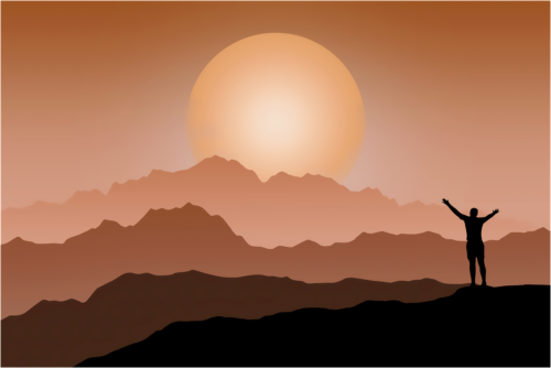 mountains, man, silhouette, drawing, sunset, dawn, success, nature, victory, sun, mountain ridges, valleys, hiking, landscape