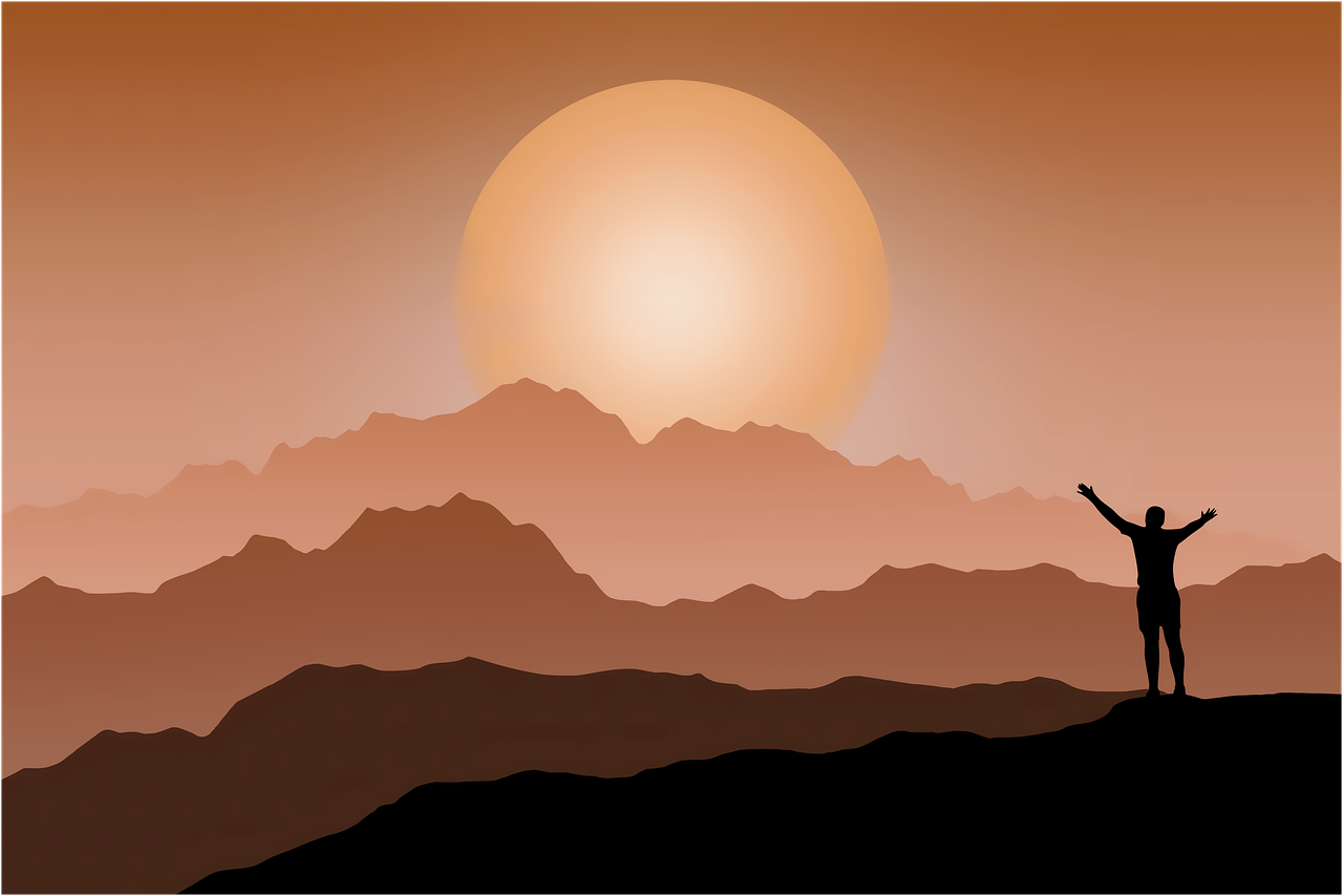 mountains, man, silhouette, drawing, sunset, dawn, success, nature, victory, sun, mountain ridges, valleys, hiking, landscape