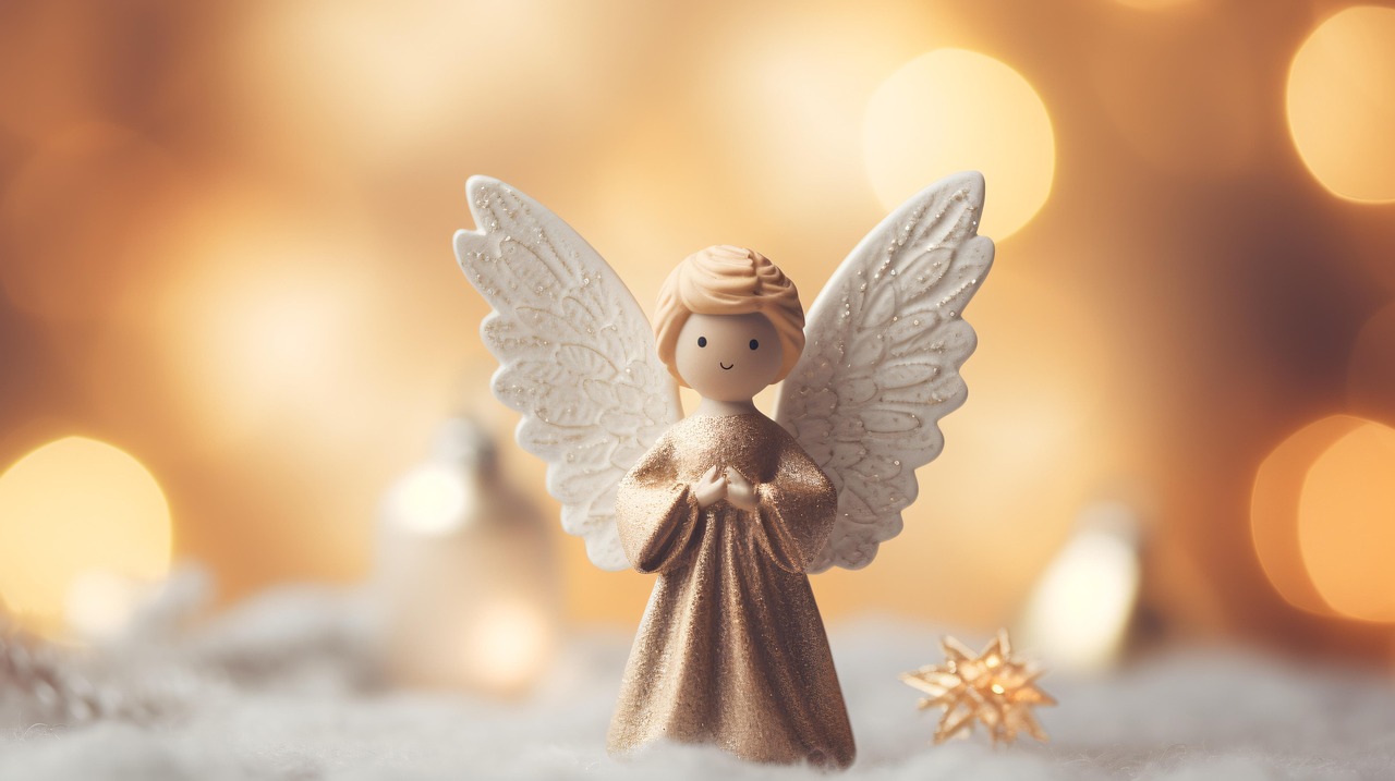 ai generated, christmas, angel, figurine, doll, decor, holiday, decoration, celebration, gold, ornament, golden, festive, bokeh