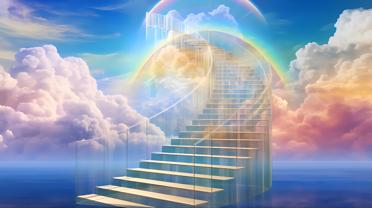 ai generated, stairs, heaven, staircase, sky, clouds, rainbow, nature, holy, hope, meditation, soul, inspiration, healing, spiritual, rise, ascension, energy, paradise