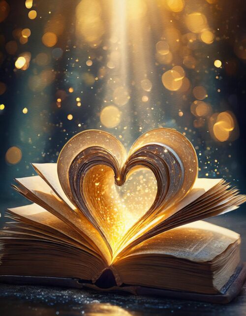 ai generated, book, love, pages, heart, light, reading, literature, glow, magical, warm, fantasy, bokeh, soft, creativity, inspiration, art, sparkling, imagination, concept