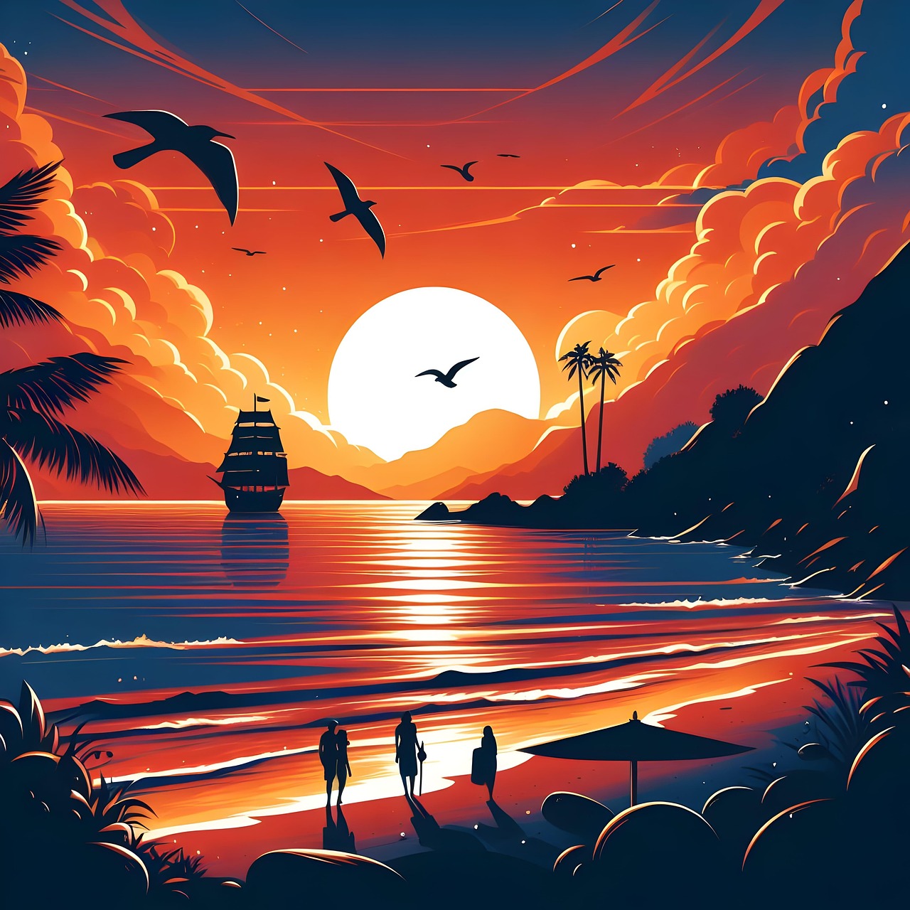 ai generated, beach, island, summer, vacation, silhouette, shore, sunset, dusk, twilight, evening, nature, friends