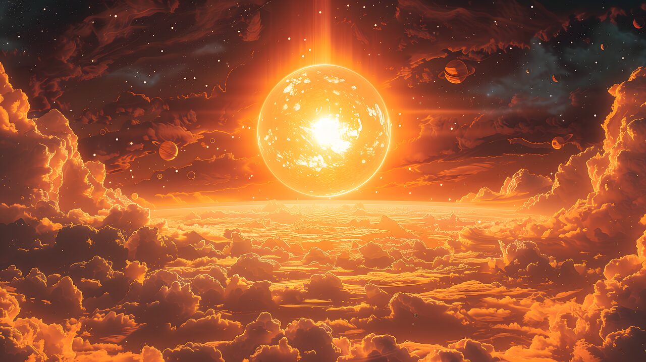 ai generated, sun, planets, world, astronomy, universe, nature, clouds, landscape