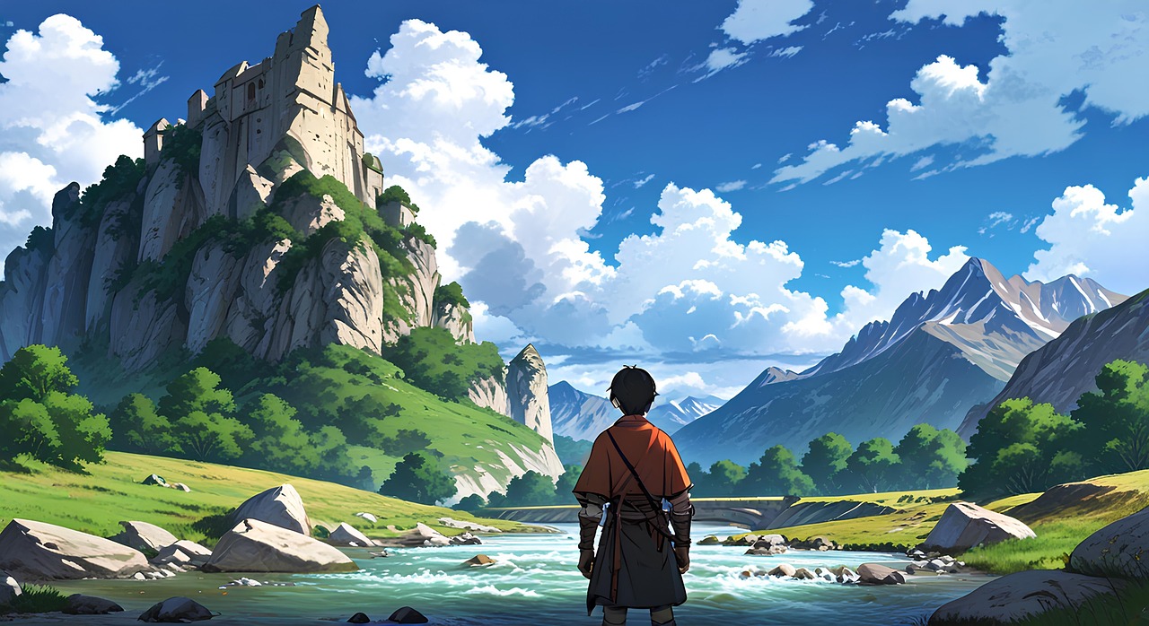 adventure, forest, sky, nature, mountain, cloud, streams, boy, animation, create ai