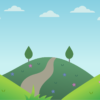 hill, tree, mountain, landscape, clouds, forest, peaceful, nature, drawing, cartoon