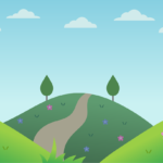 hill, tree, mountain, landscape, clouds, forest, peaceful, nature, drawing, cartoon