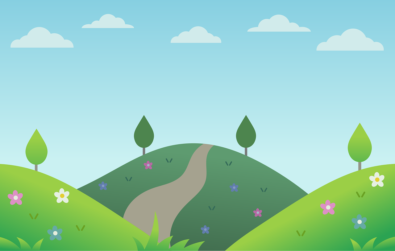 hill, tree, mountain, landscape, clouds, forest, peaceful, nature, drawing, cartoon