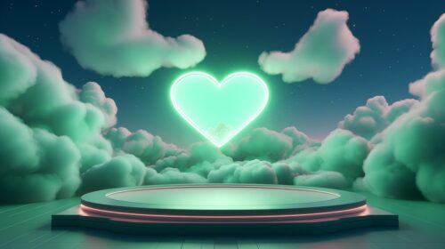 heart, green background, stage, platform, heart background, placeholder, stage background, sky background, green clouds, green, nature, clouds, sky, ai generated