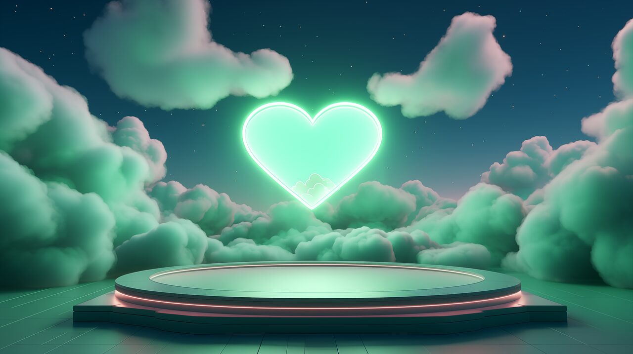 heart, green background, stage, platform, heart background, placeholder, stage background, sky background, green clouds, green, nature, clouds, sky, ai generated