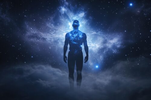 ai generated, universe, cosmos, meditation, silhouette, man, space, mindful space, stars, galaxy, mindfulness, peaceful mind, serenity, cosmic meditation, spiritual journey, cosmic energy
