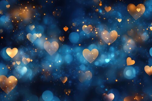 hearts, love, heart background, glowing, romantic, glowing hearts, bokeh, light, abstract love, dreamy, blue, sparkles, romantic design, dreamy lights, ai generated