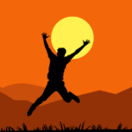joy, excitement, silhouette, sunset, excited, jumping, celebration, freedom, nature, grass, orange tones, mountains, energy, positive emotion, man, happy, success