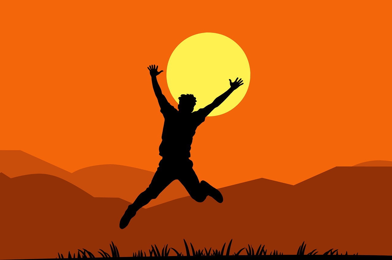 joy, excitement, silhouette, sunset, excited, jumping, celebration, freedom, nature, grass, orange tones, mountains, energy, positive emotion, man, happy, success