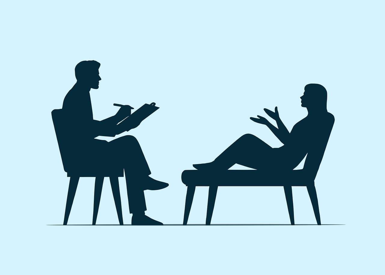 consultation, therapy, therapist, silhouette, people, psychology, man, woman, mental health, sitting, chair, conversation, taking notes, writing, listening, speaking, sad, health