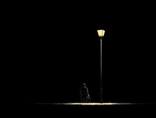 man, sitting, lamppost, lamp, post, light, dark, night, alone, silhouette, chair, person, solitude, mystery, shadow, urban, loneliness, thoughtful, pensive, contemplation, quiet, evening, outside, outdoors, ai generated