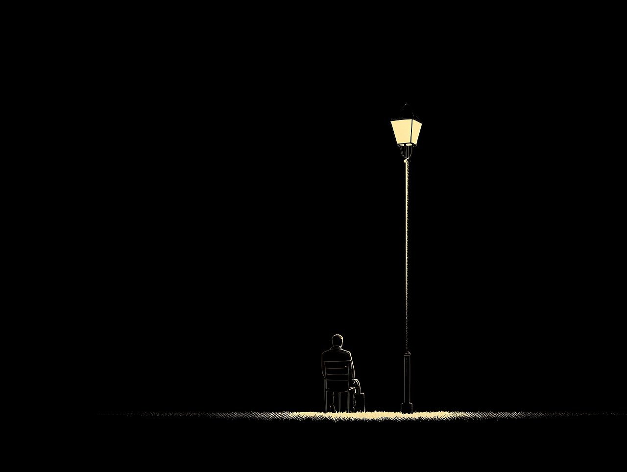man, sitting, lamppost, lamp, post, light, dark, night, alone, silhouette, chair, person, solitude, mystery, shadow, urban, loneliness, thoughtful, pensive, contemplation, quiet, evening, outside, outdoors, ai generated