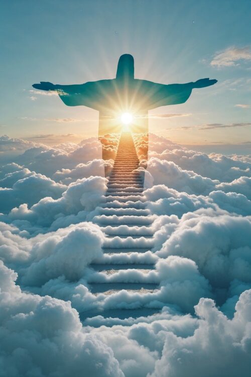 heaven, clouds, spiritual, divine, ascension, light, religious, ethereal, god, jesus, holy, sky, peaceful, tranquil, stairs, pathway, hope, faith, paradise, glory, ai generated