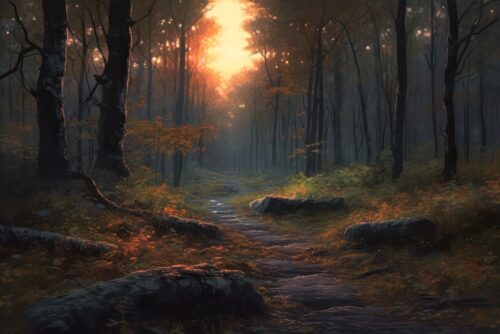ai generated, forest path, sunset, trees, woods, forest, nature, landscape, forest, forest, forest, forest, forest