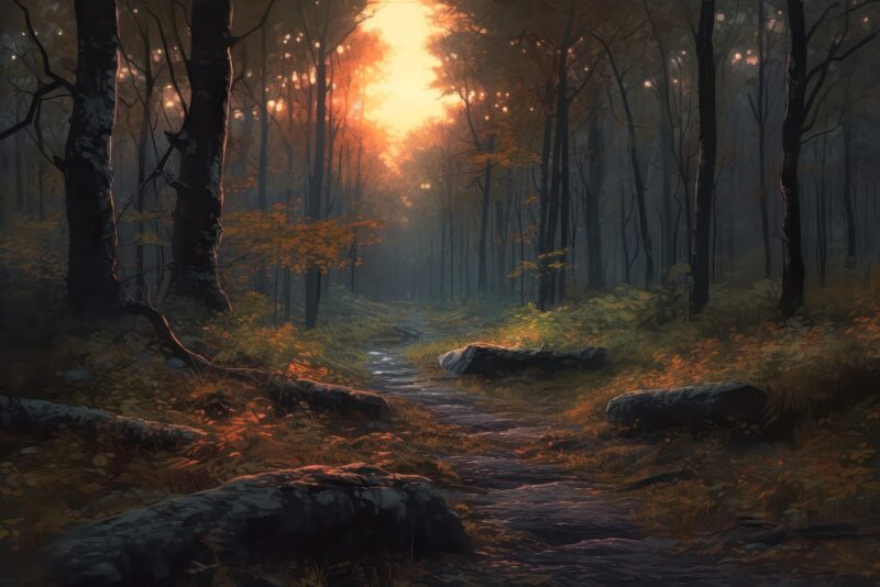 ai generated, forest path, sunset, trees, woods, forest, nature, landscape, forest, forest, forest, forest, forest