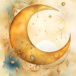ai generated, crescent moon, vintage, stationary, parchment, antique, scrapbooking, decoration, watercolor, romantic, paper, aged, romance, frame, scrapbook, background, moon, magical, gold, fortune telling, astrology, zodiac, gothic, painting, blank