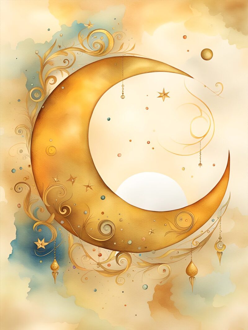ai generated, crescent moon, vintage, stationary, parchment, antique, scrapbooking, decoration, watercolor, romantic, paper, aged, romance, frame, scrapbook, background, moon, magical, gold, fortune telling, astrology, zodiac, gothic, painting, blank