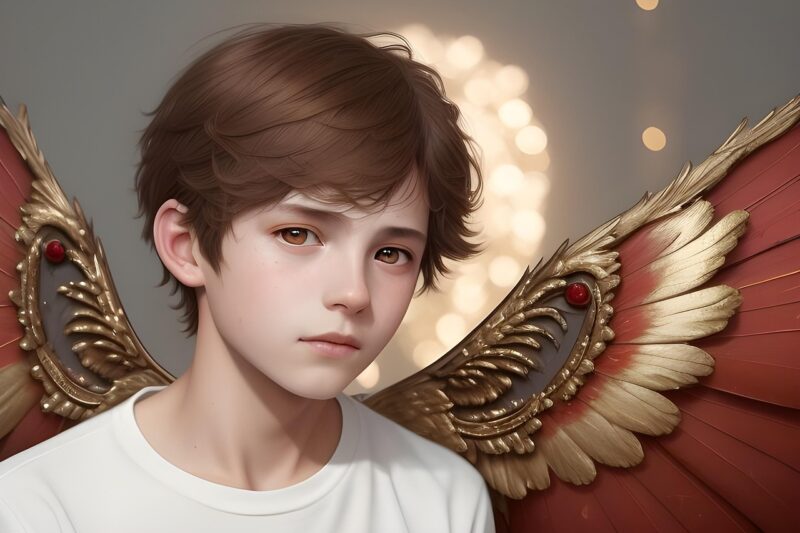 ai generated, boy, angel, wings, feathers, divine, heavenly, beauty, devotional, supernal, religious, portrait