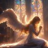 angel, fantasy, wings, woman, religion, praying, prayer, girl, hope, kneeling, white, feathers, cathedral, castle, seraphim, goddess, sunlight, window, architecture, color, rainbow, colorful, ai generated