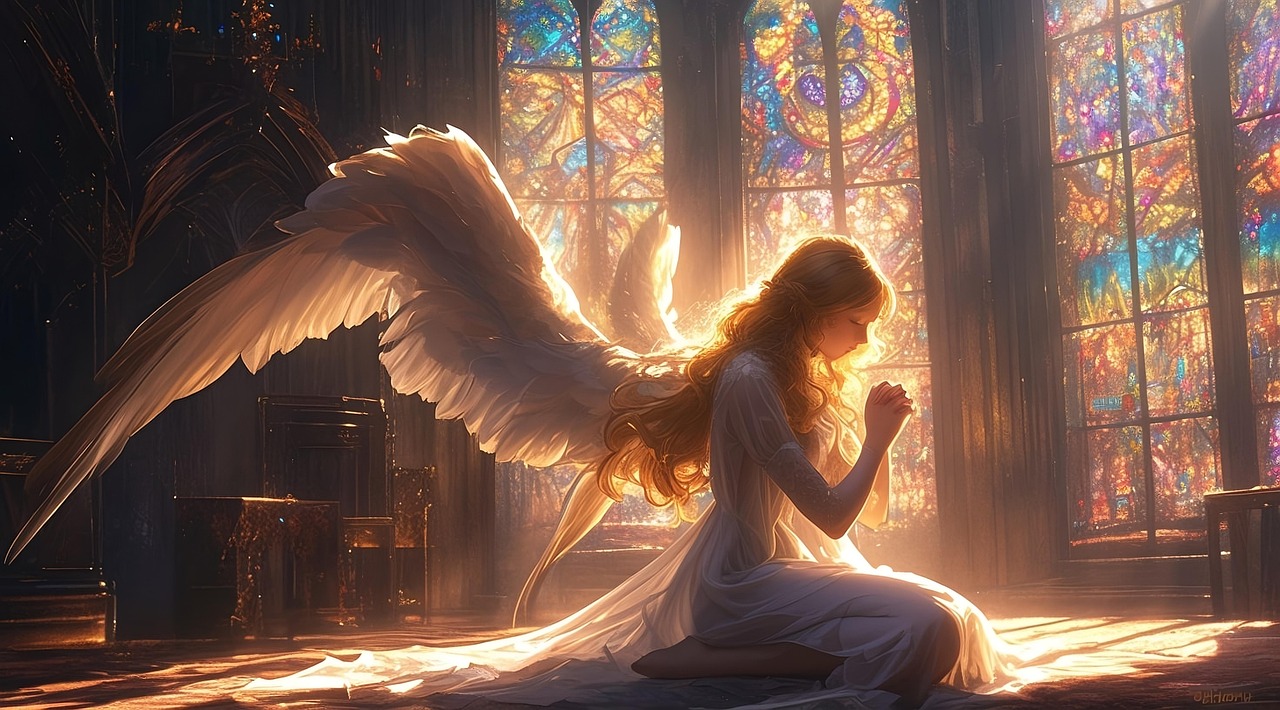 angel, fantasy, wings, woman, religion, praying, prayer, girl, hope, kneeling, white, feathers, cathedral, castle, seraphim, goddess, sunlight, window, architecture, color, rainbow, colorful, ai generated