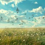 ai generated, field, music, notes, summer, sky, clouds, nature, whimsical, floating, harmony, peaceful, sunny, outdoors, meadow, artistic, creative, scenery, blue, day, light, abstract, melody, wind, landscape