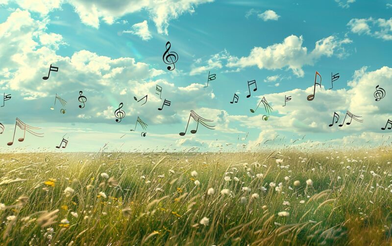 ai generated, field, music, notes, summer, sky, clouds, nature, whimsical, floating, harmony, peaceful, sunny, outdoors, meadow, artistic, creative, scenery, blue, day, light, abstract, melody, wind, landscape