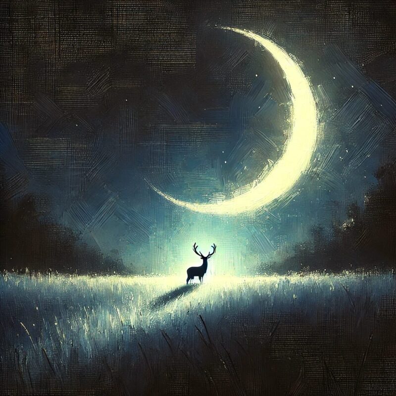 ai generated, deer, moon, nature, moonlight, night, crescent, fantasy, silhouette