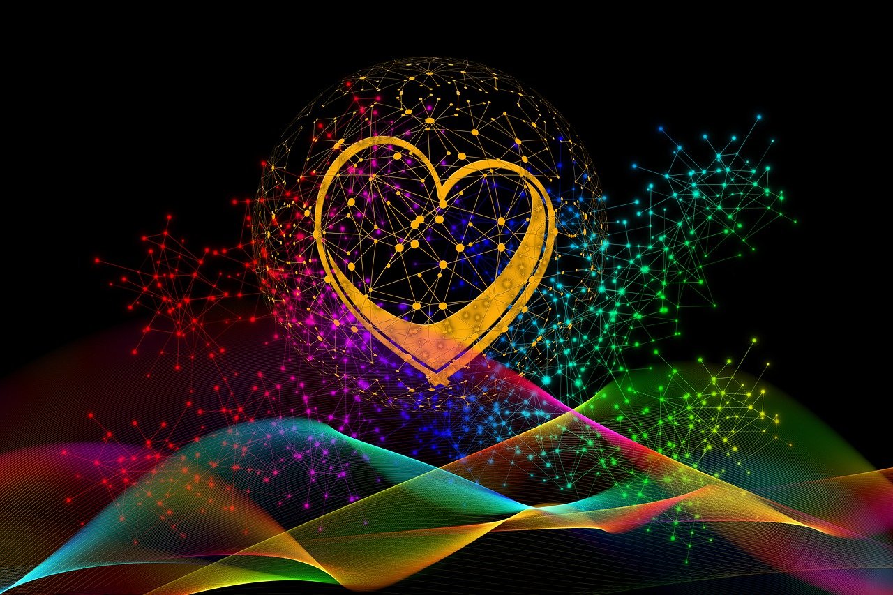 heart, abstract, background, waves, particles, purple, physics, network, infinite, whirl, swirl, graphic, digital, love