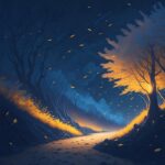ai generated, trees, pathway, leaves, wind, forest, fall, autumn evening, night, eve, nature, drawing, mysterious, landscape