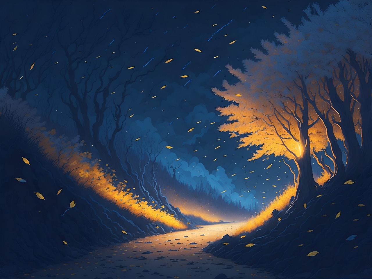ai generated, trees, pathway, leaves, wind, forest, fall, autumn evening, night, eve, nature, drawing, mysterious, landscape
