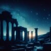 ai generated, ruins, night, ancient, glow, silhouette, mountain, dark, nature, wallpaper, background, light